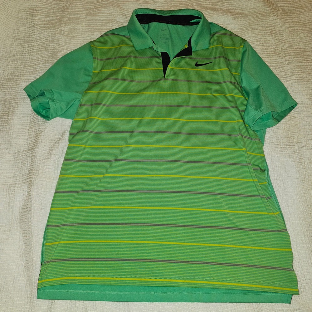 Nike Golf Shirt Mens Large Green Like New Tiger Woods Collection Dri-FIT Stripe - Picture 1 of 5
